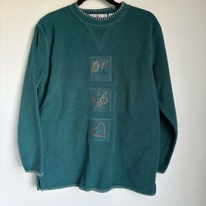 Vintage Chinawear By Morsly Teal Green Fall Leaves Embroidered Sweater